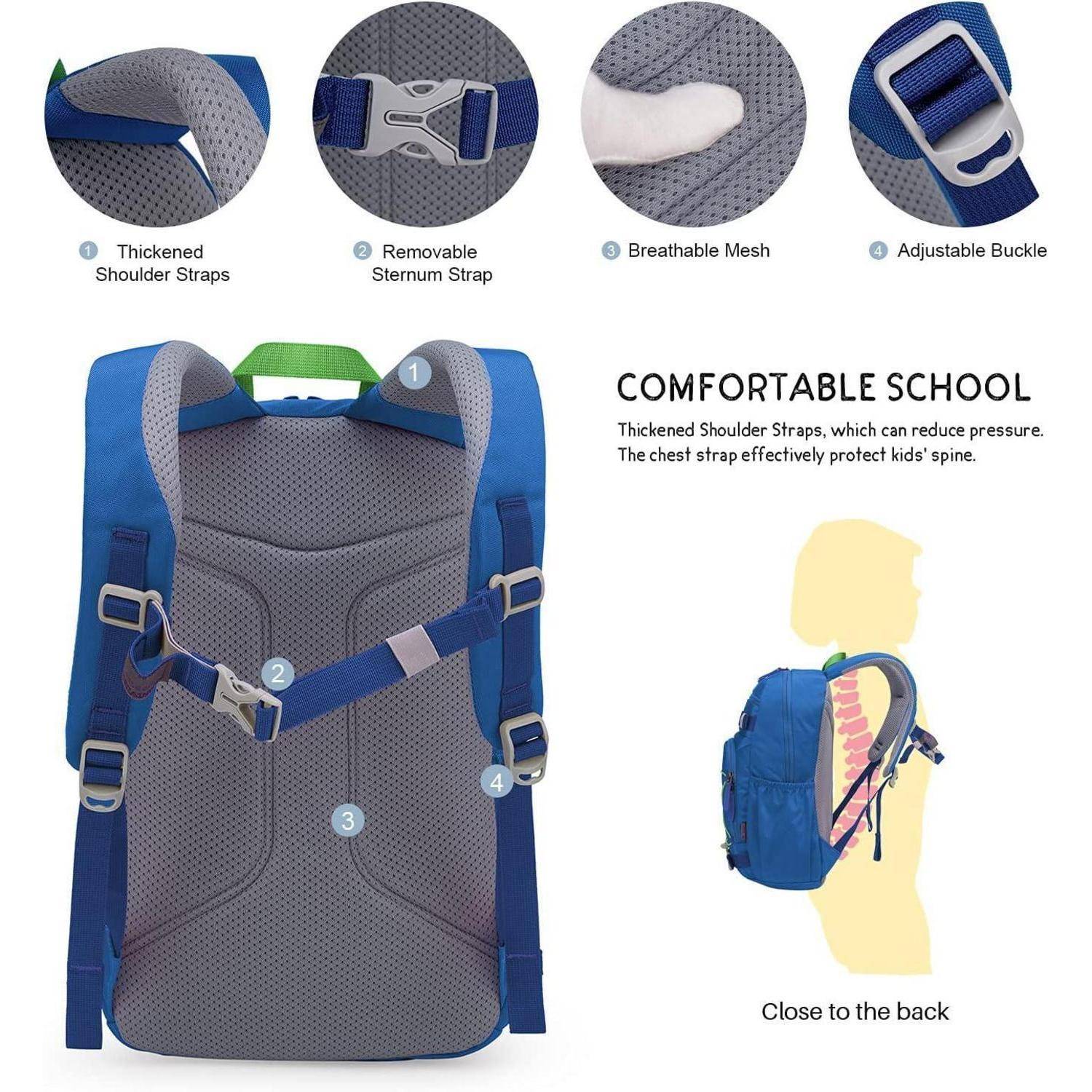 Rucksack mit 'verstärkten Schulterträgern', 'abnehmbarem Brustgurt', 'atmungsaktivem Mesh', 'verstellbarer Schnalle', entwickelt zum Schutz der Wirbelsäule von Kindern.