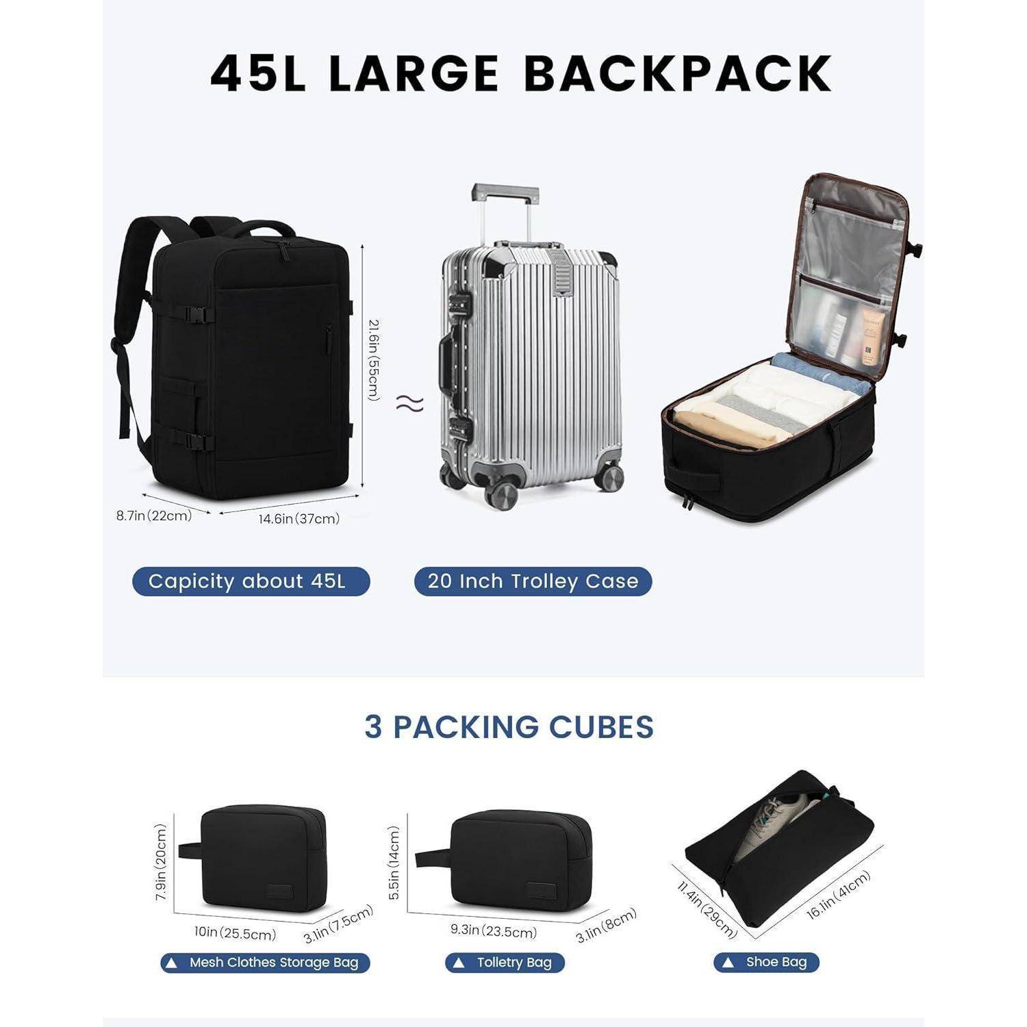 45L Reiserucksack Handgepäck Flugzeug Schwarz 18 Zoll Laptop Rucksack