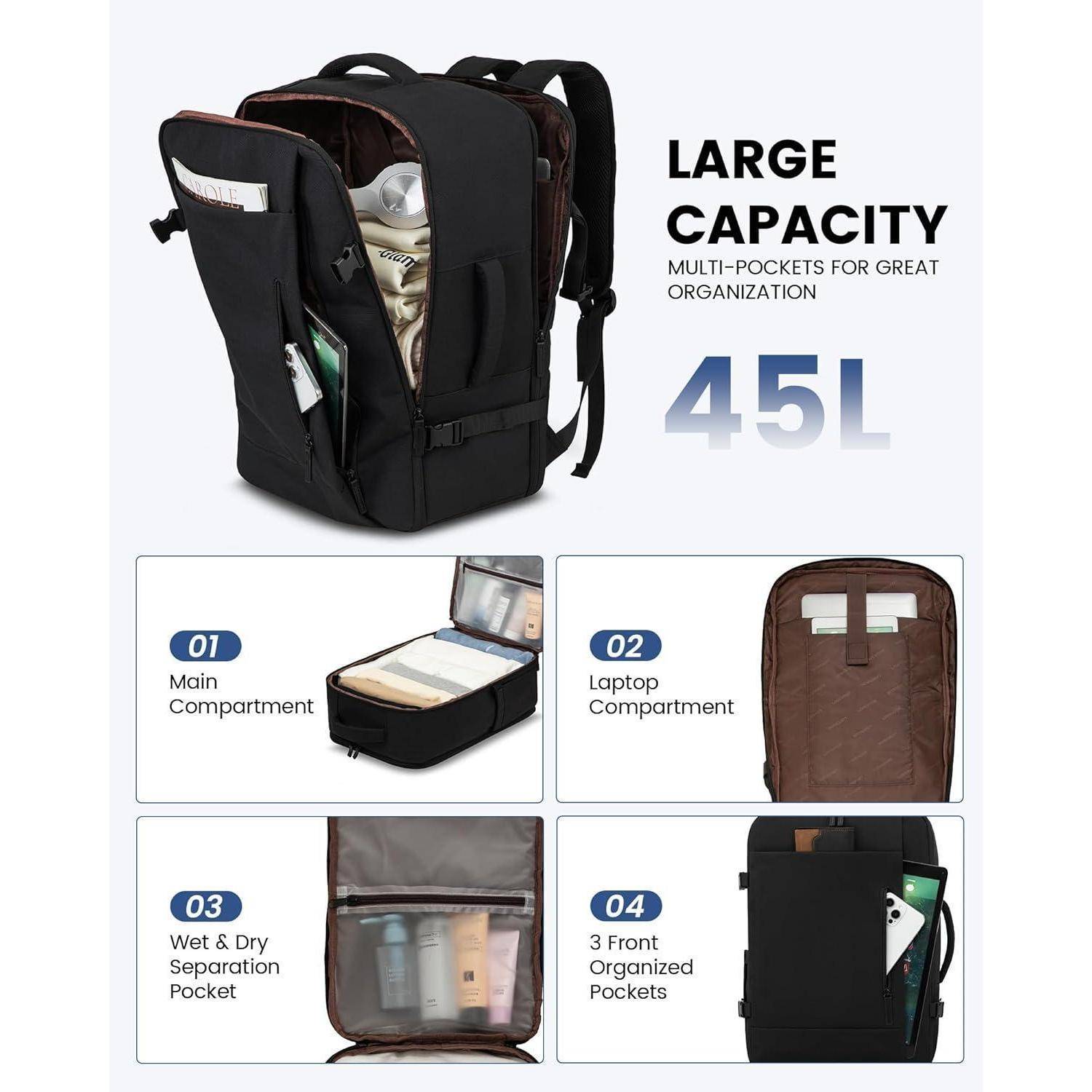 45L Reiserucksack Handgepäck Flugzeug Schwarz 18 Zoll Laptop Rucksack