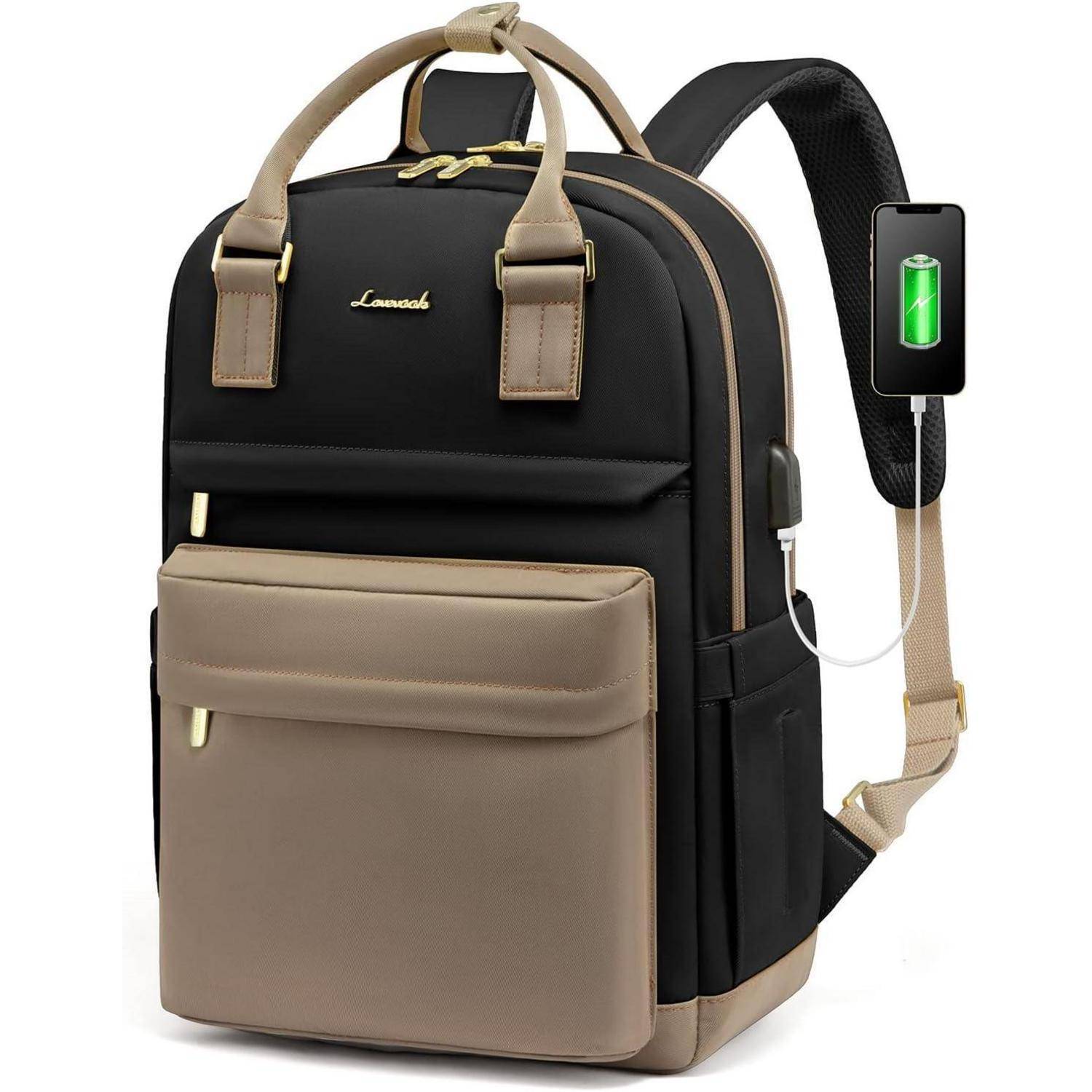 Ein stilvoller Rucksack in Schwarz und Beige mit USB-Ladeanschluss, ausgestattet mit einer Fronttasche und Tragegriff, ideal für Reisen oder den täglichen Gebrauch.