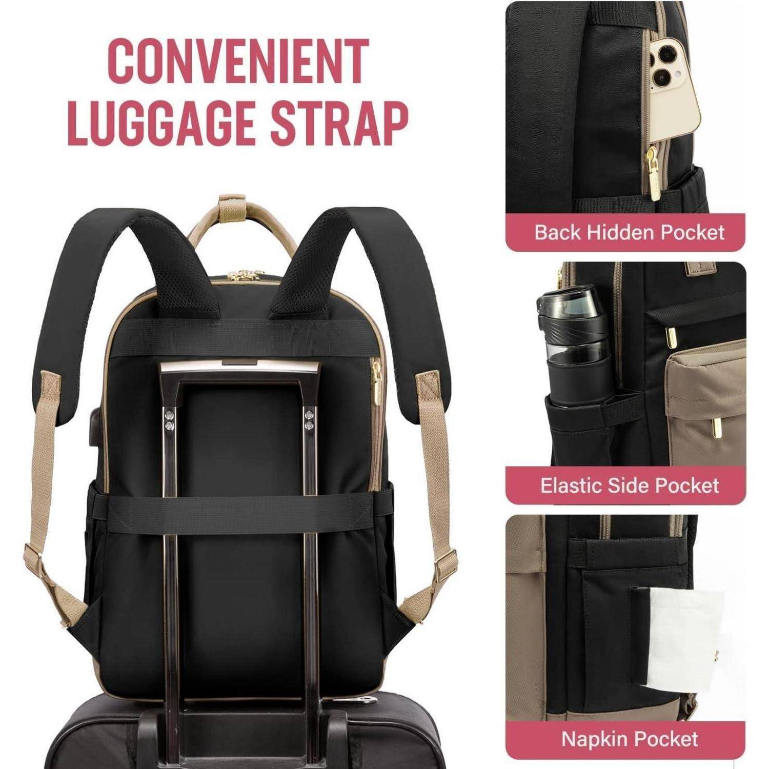 Rucksack mit praktischem Gepäckgurt bietet Funktionen wie eine versteckte Rückentasche, eine elastische Seitentasche für eine Flasche und eine Serviettentasche.