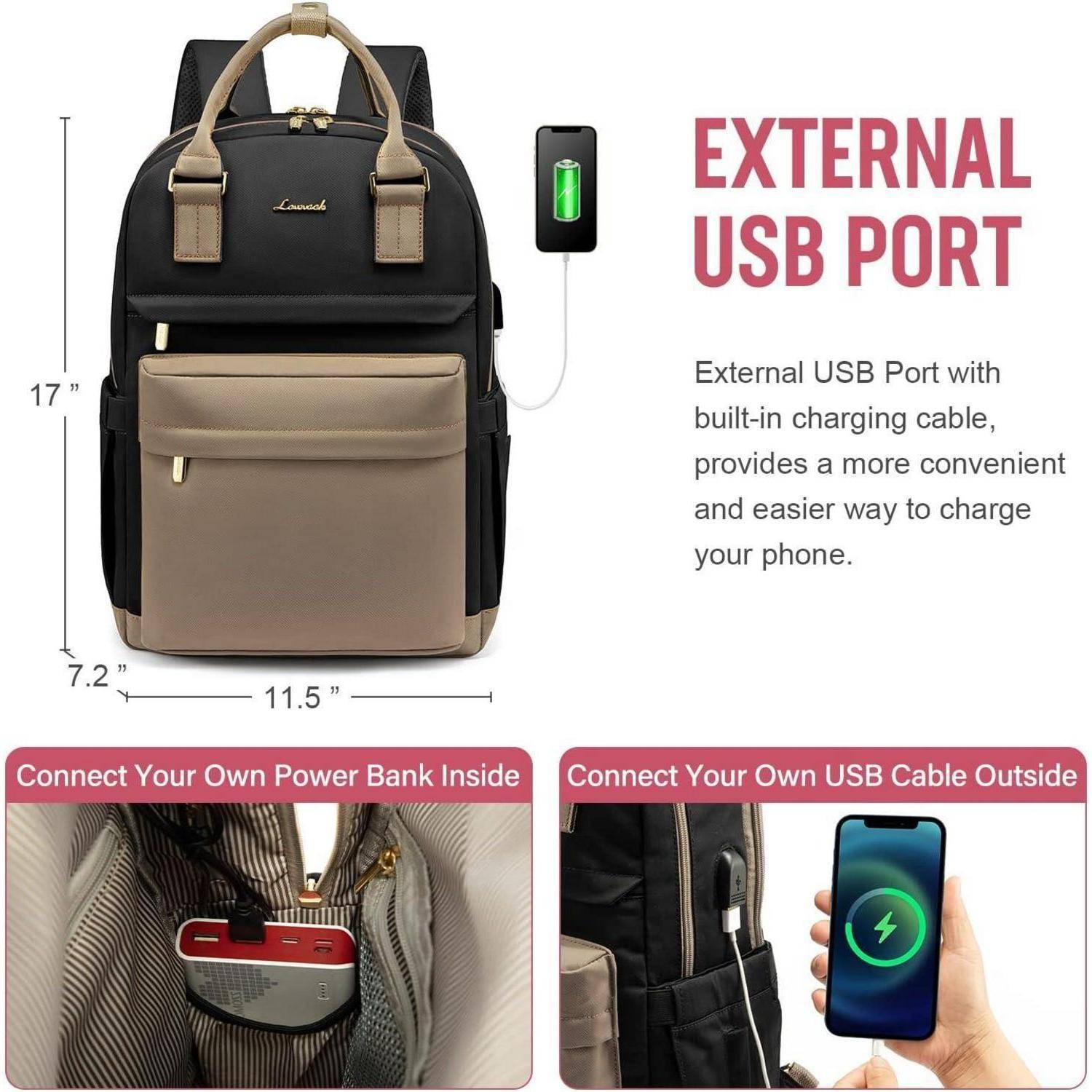 Rucksack mit 'Externer USB-Anschluss' Text. Zeigt externen Anschluss zum einfachen Aufladen des Telefons; Innenansicht zum Anschließen einer Powerbank.