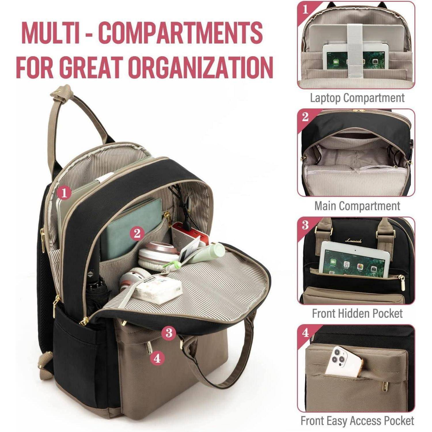 Rucksack mit 'Multi-Fächern für hervorragende Organisation'. Ausgestattet mit Laptopfach, Hauptfach, versteckter Vordertasche und leicht zugänglicher Fronttasche.
