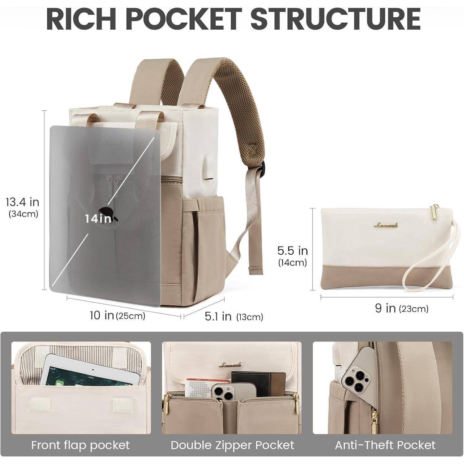 Rucksack mit verschiedenen Taschengröβen: Frontlasche, Doppelreißverschluss und Diebstahlschutz.Inklusive Maßangaben und separater Clutch.