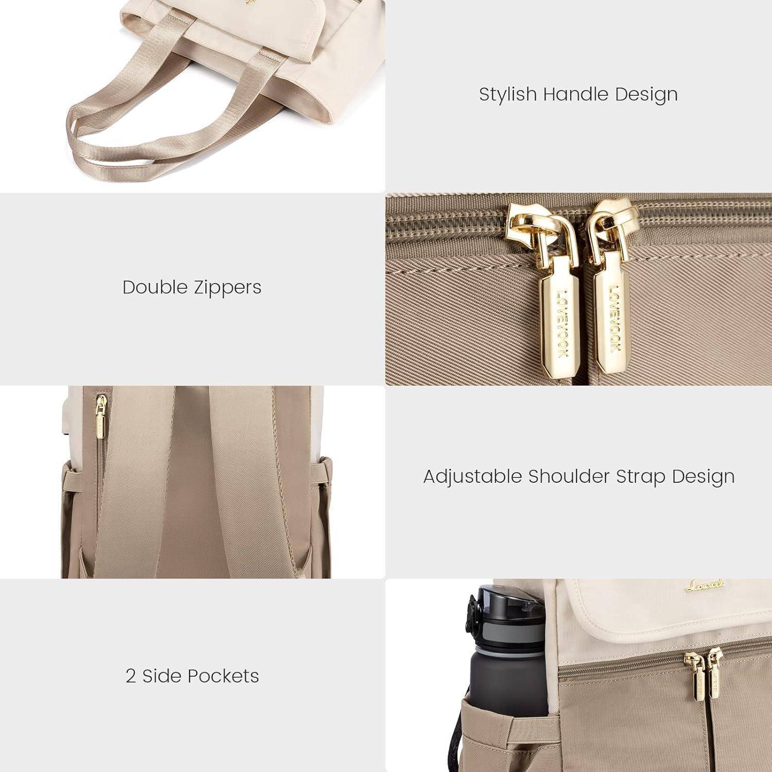 Bild zeigt Teile eines beigen Rucksacks: stilvoller Griff, Doppelreißverschlüsse, verstellbares Schultergurtendesign, zwei Seitentaschen.