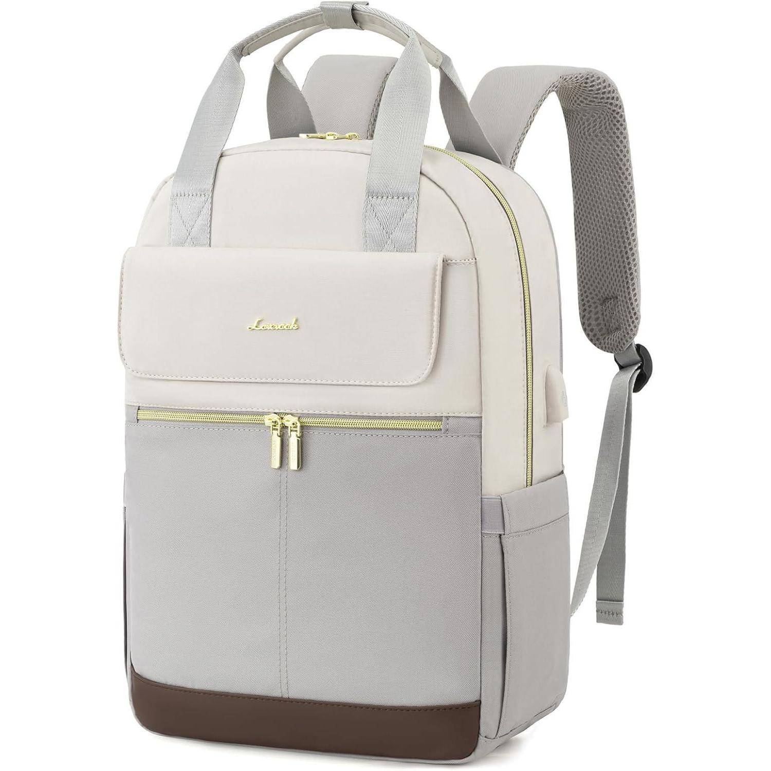 Ein stilvoller grauer und beiger Rucksack mit mehreren Fächern, Griffen und gepolsterten Schulterträgern, der für den täglichen Gebrauch und Funktionalität konzipiert ist.