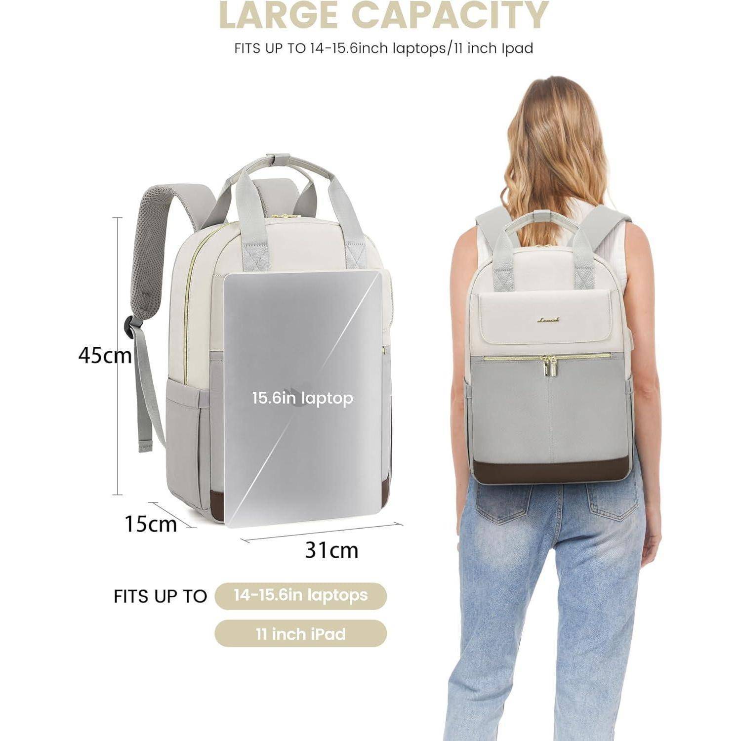 Rucksack geeignet für Laptops und iPads bis zu 15,6 Zoll. Bild zeigt Abmessungen: 45 cm hoch, 31 cm breit und 15 cm tief.