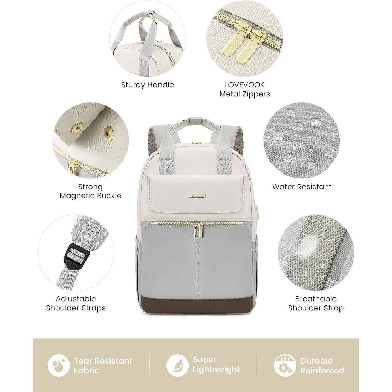 Der 'LOVEVOOK Rucksack' verfügt über einen stabilen Griff, Metallreißverschlüsse, einen magnetischen Verschluss, Wasserdichtigkeit, verstellbare Schultergurte und einen atmungsaktiven Schultergurt.