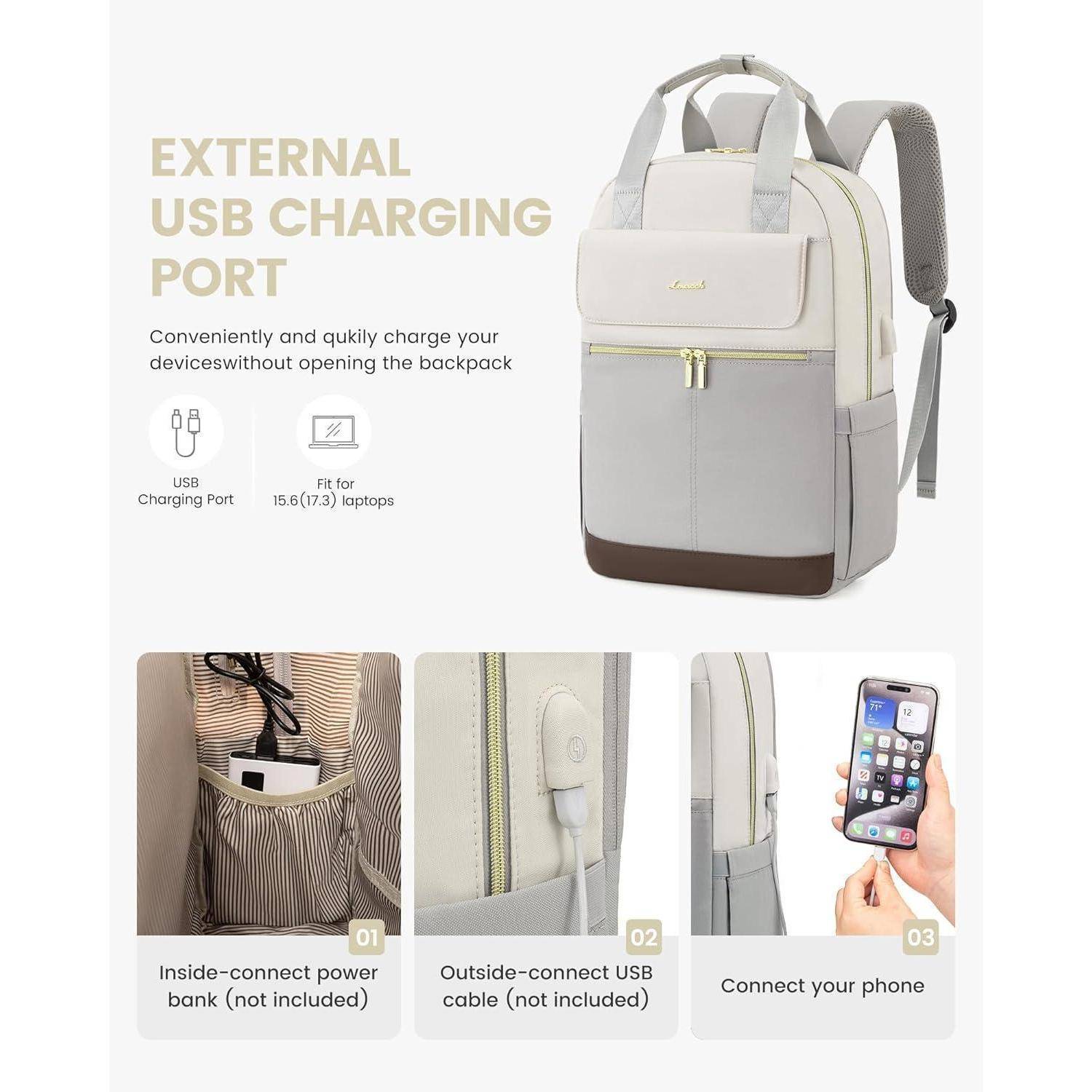 Rucksack mit externem USB-Ladeanschluss, geeignet für Laptops mit 15,6 Zoll. Merkmale: Powerbank-Fach, USB-Kabelverbindung, Smartphone-Ladung.