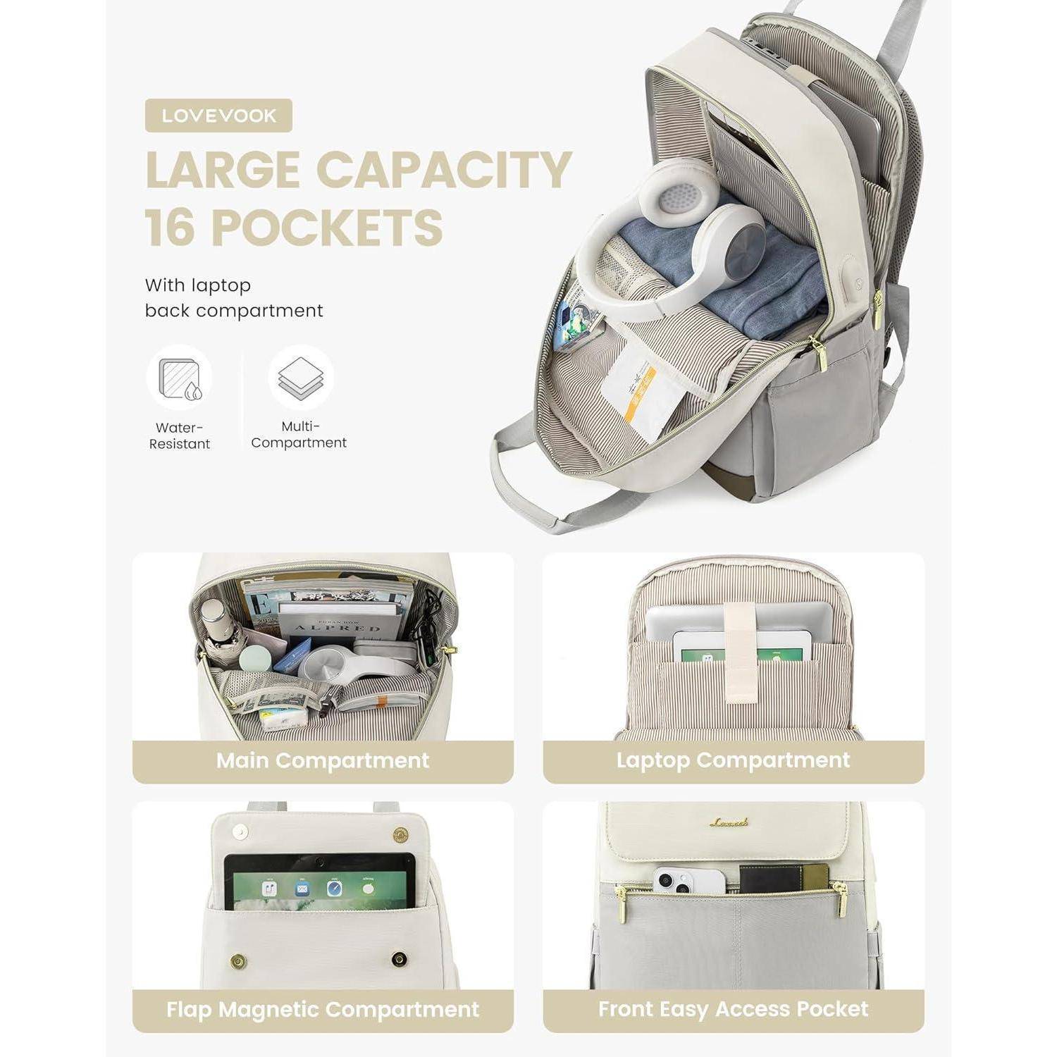 Rucksack mit 16 Taschen, einschließlich Hauptfach, Laptopfach, magnetischem Überschlag und vorderen leicht zugänglichen Fächern. Mit Wasserbeständigkeit.
