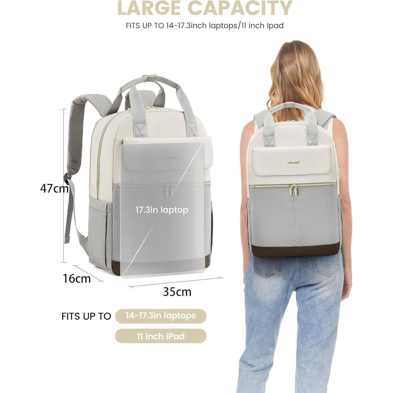 Großer Rucksack mit hoher Kapazität, getragen von einer Frau. Passt für Laptops von 14-17,3 Zoll und iPads mit 11 Zoll. Abmessungen: 47 cm Höhe, 35 cm Breite.