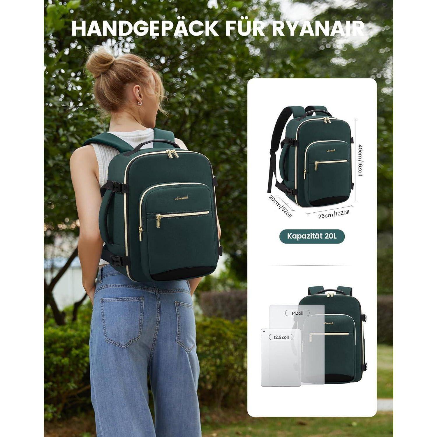 Frau mit grünem Rucksack mit den Abmessungen: 40 cm Höhe, 25 cm Breite, 20 cm Tiefe. Volumen mit 20 Liter angegeben. Text: 