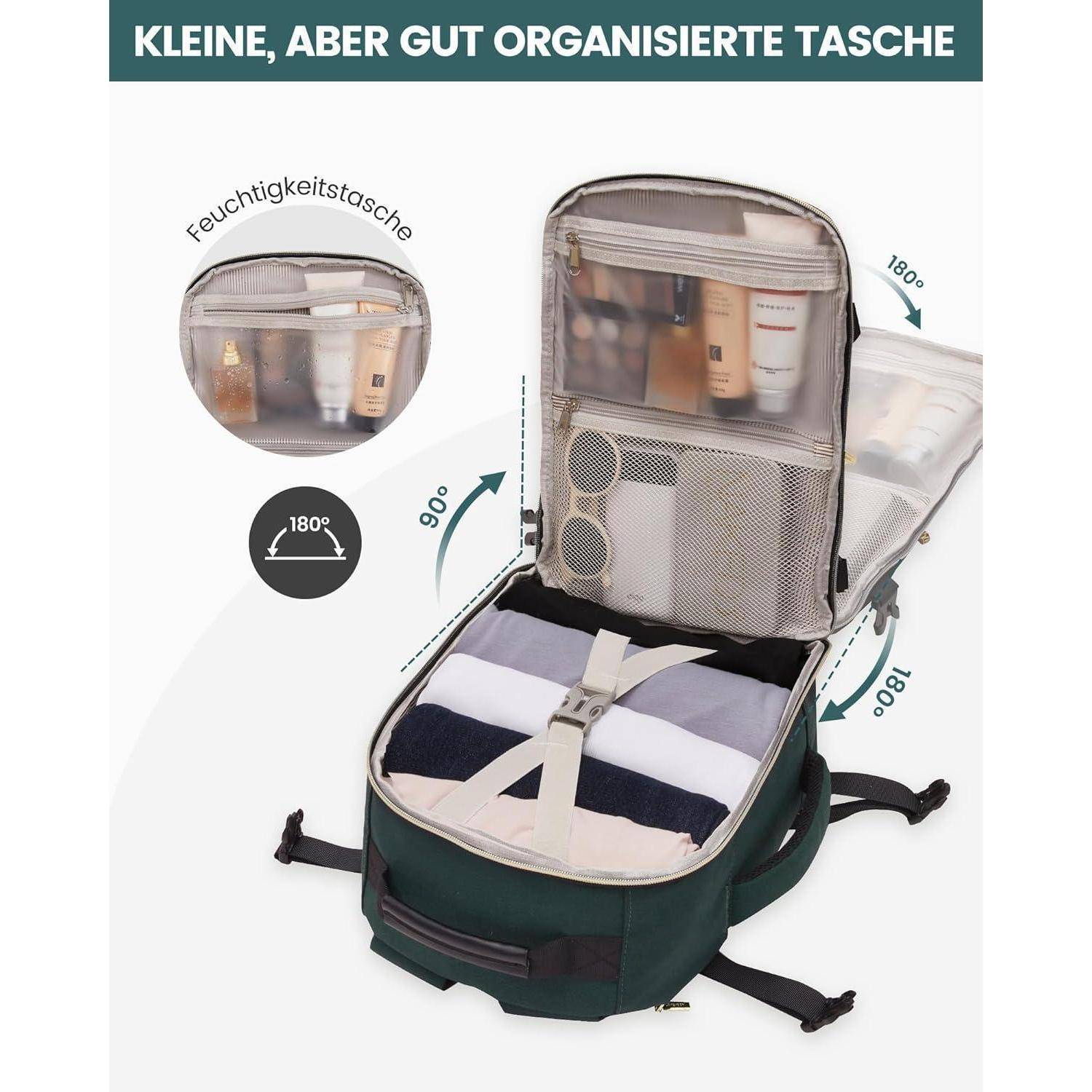 Reisetasche mit Fächern und beschrifteten Winkeln öffnen. Enthält zusammengerollte Kleidung und Toilettenartikel. Text lautet: 