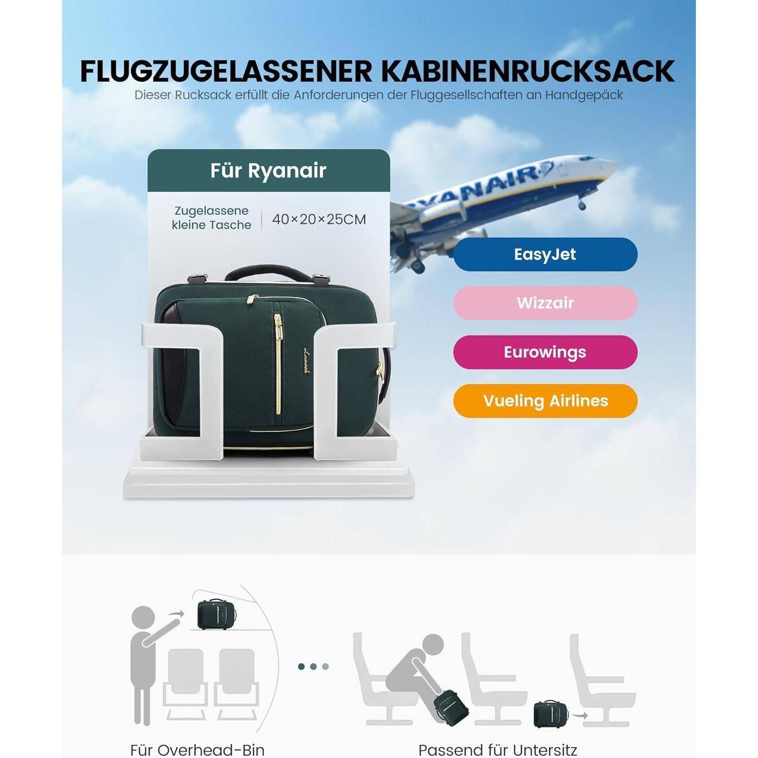 Flugzugelassener Kabinen-Rucksack erfüllt die Handgepäckanforderungen der Fluggesellschaften. Maße 40x20x25 cm. Kompatibel mit EasyJet, Wizzair, Ryanair.