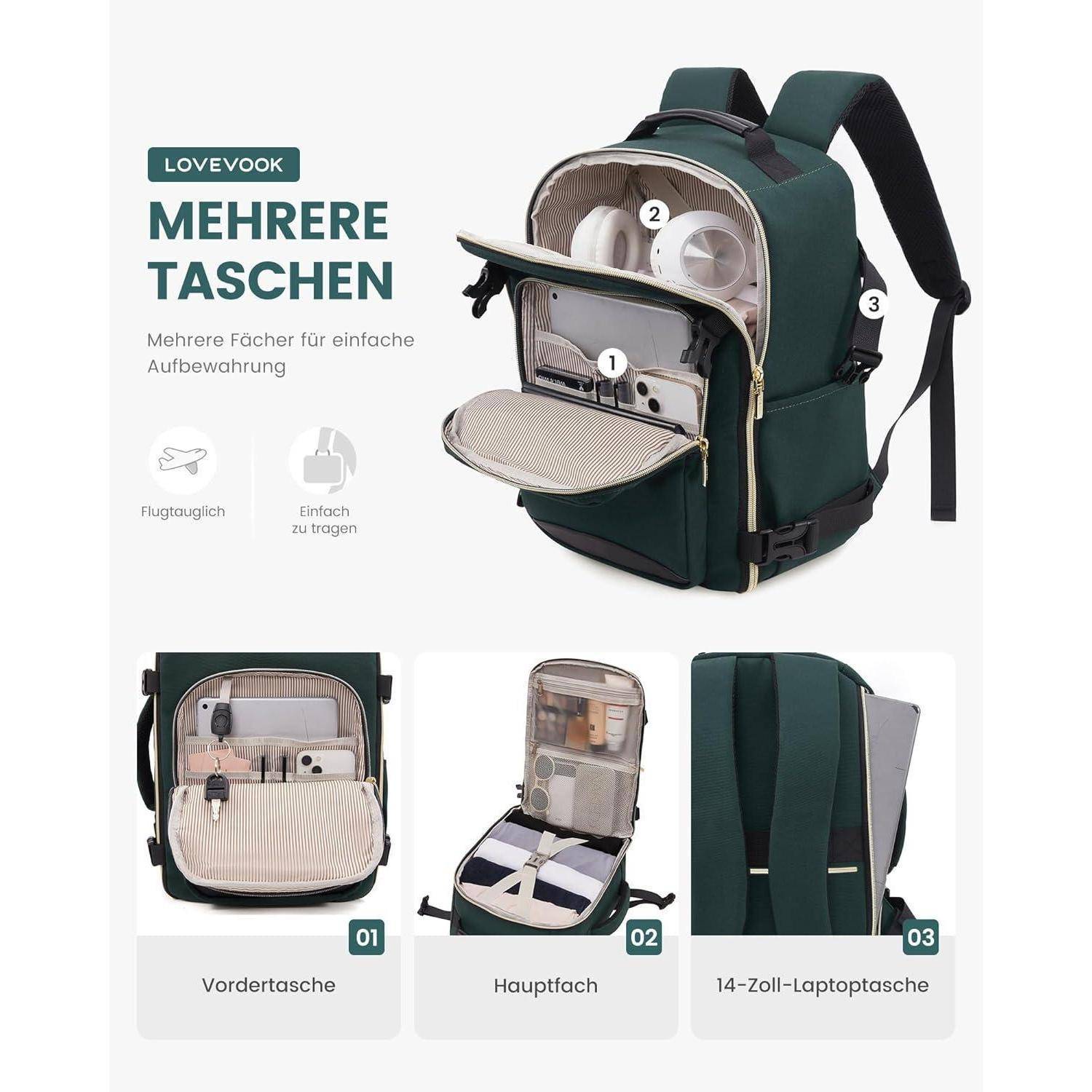 Ein grüner Rucksack mit mehreren Fächern: Vordertasche, Hauptfach und eine 14-Zoll-Laptoptasche. Mit praktischer Transportmöglichkeit und Flugutensilien.