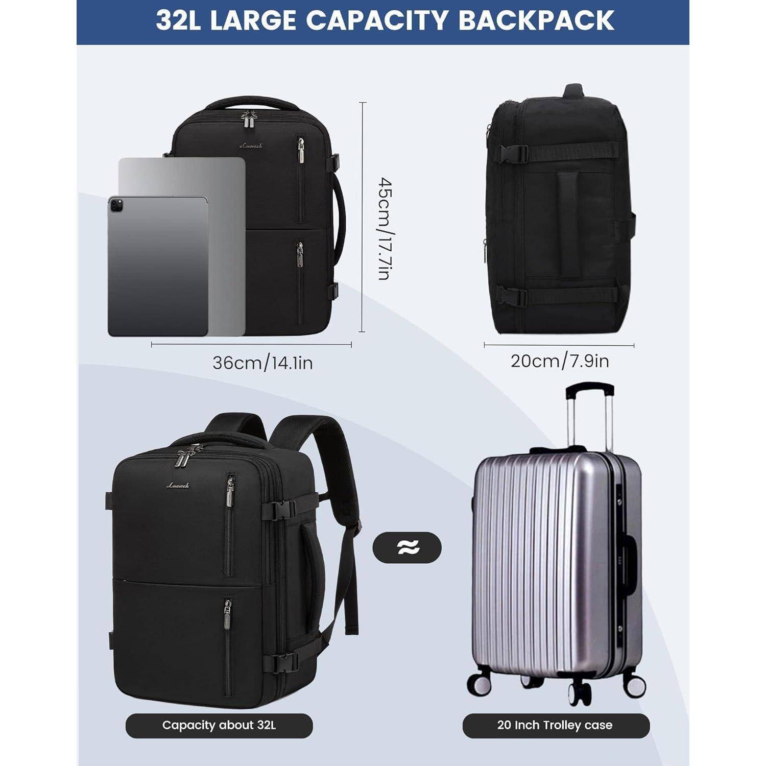 32L Rucksack mit großem Fassungsvermögen' mit Abmessungen von 36 cm x 45 cm x 20 cm, der neben einem Tablet und einem 20-Zoll-Trolley-Koffer zur Größenvergleich gezeigt wird.
