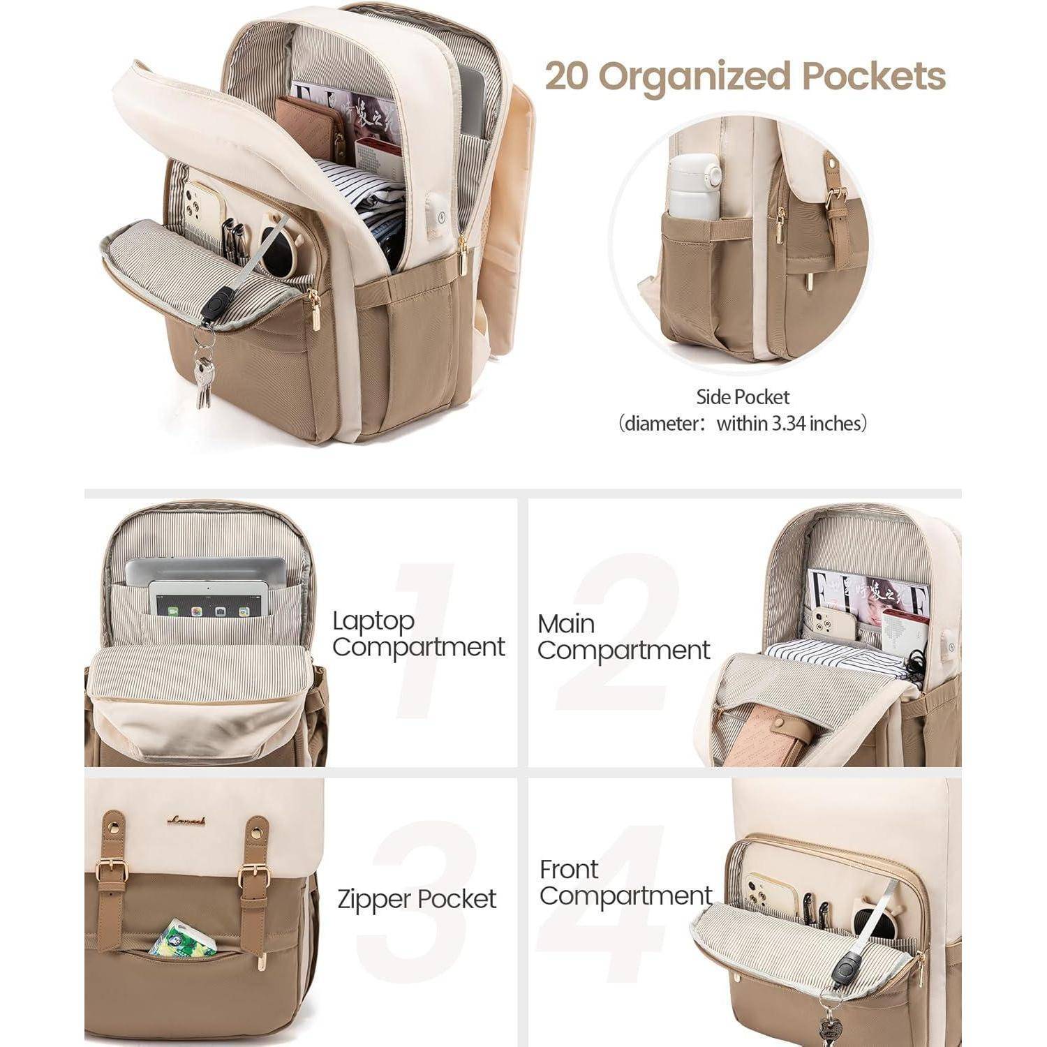 Rucksack mit '20 organisierten Fächern', der ein Laptopfach, Hauptfach, Reißverschlusstasche und Vorderfach in Beige und Creme zeigt.