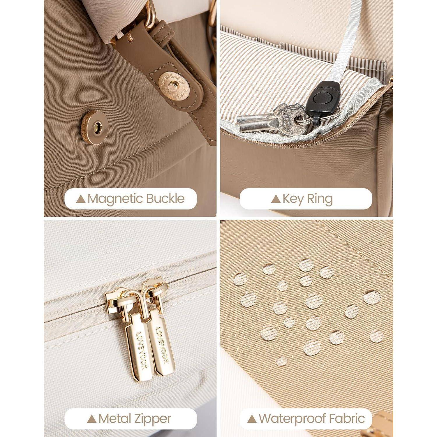 Magnetverschluss': Nahaufnahme des magnetischen Knopfverschlusses an einer braunen Tasche. 'Schlüsselhalter': Interieur mit befestigten Schlüsseln. 'Metallreißverschluss': Cremefarbene Tasche mit zwei goldenen Reißverschlüssen. 'Wasserabweisendes Gewebe': Braune Tasche mit Wassertropfen, die die Wasserresistenz demonstrieren.