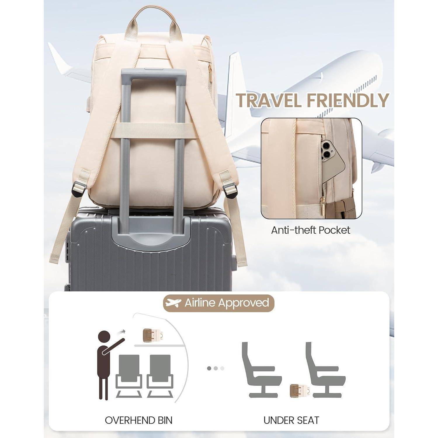 Rucksack sicher an einem Koffer befestigt, mit Diebstahlschutz-Tasche. Etikett zeigt Platzierung im Gepäckfach oder unter dem Sitz. Flugzeug im Hintergrund.