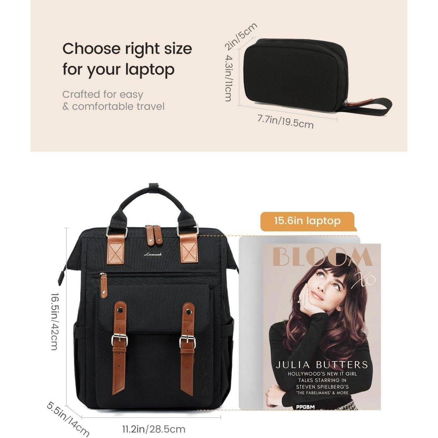 Ein schwarzer Rucksack mit braunen Akzenten neben einer Laptoptasche und einem 15,6-Zoll-Laptop, mit einem Magazin. Der Text fordert auf, die richtige Größe zu wählen.