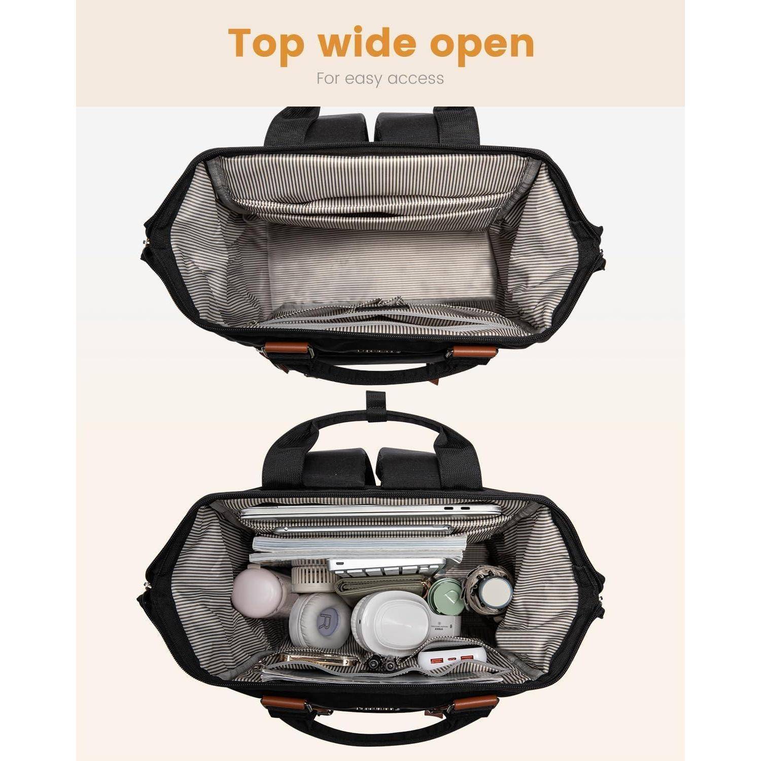 Das Bild zeigt zwei Ansichten einer offenen Tasche. Die obere Ansicht veranschaulicht die große Öffnung der Tasche, während die untere Ansicht die Gegenstände zeigt, die im Inneren ordentlich angeordnet sind.