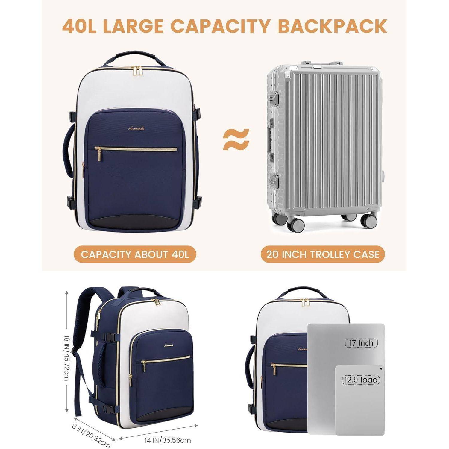 Handgepäck Rucksack 40L für Damen Herren, Wasserdicht, Laptopfach 17