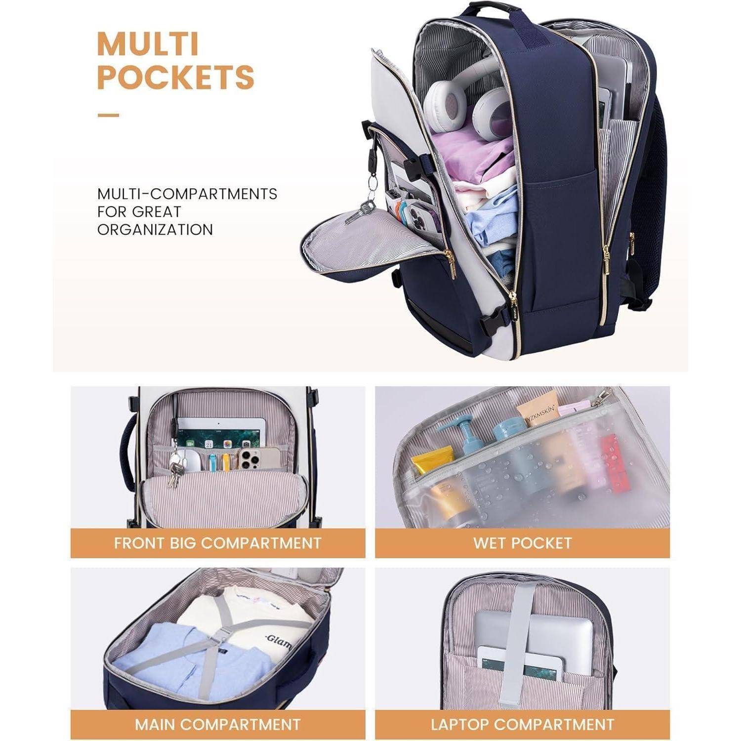 Handgepäck Rucksack 40L für Damen Herren, Wasserdicht, Laptopfach 17