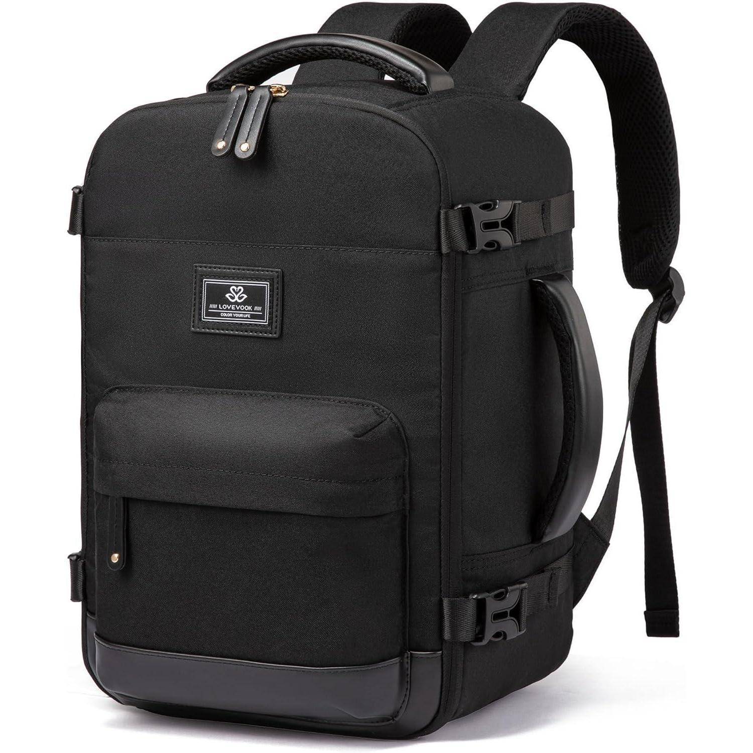 Schwarzer Rucksack mit gepolsterten Schultergurten, mehreren Fächern und einer Fronttasche. Robustes Design, geeignet für Reisen oder Schule.