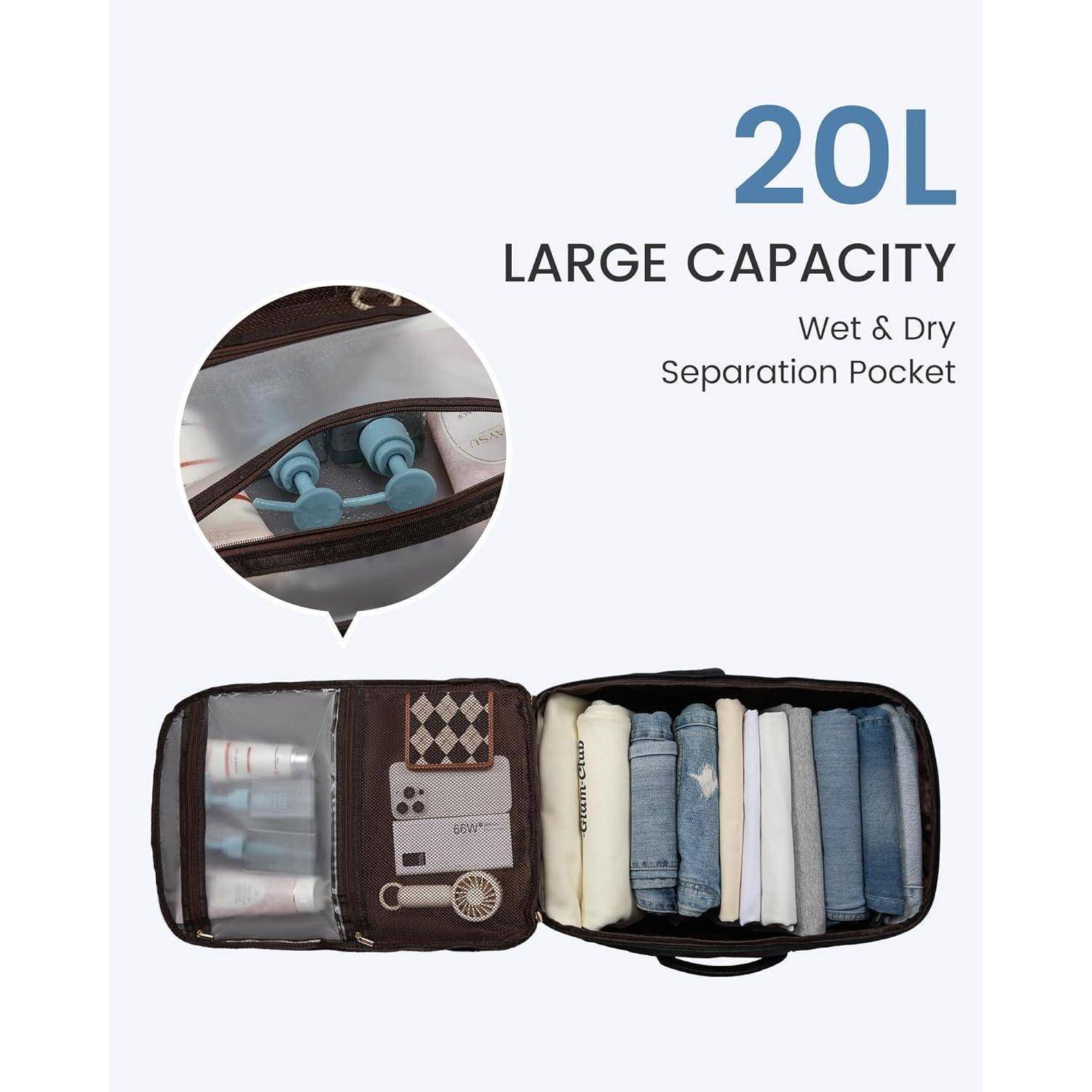 Tasche mit der Beschriftung '20L großes Fassungsvermögen', die organisierte Fächer mit Kleidung und eine Funktion zur 'Trennung von nassen und trockenen Gegenständen' zeigt.