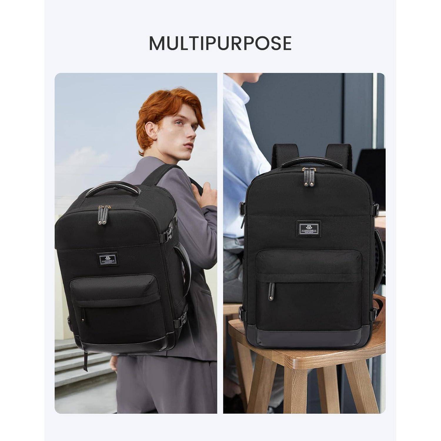 Eine Person, die einen multifunktionalen schwarzen Rucksack trägt, und ein ähnlicher Rucksack, der auf einem Stuhl präsentiert wird, demonstriert dessen Vielseitigkeit.