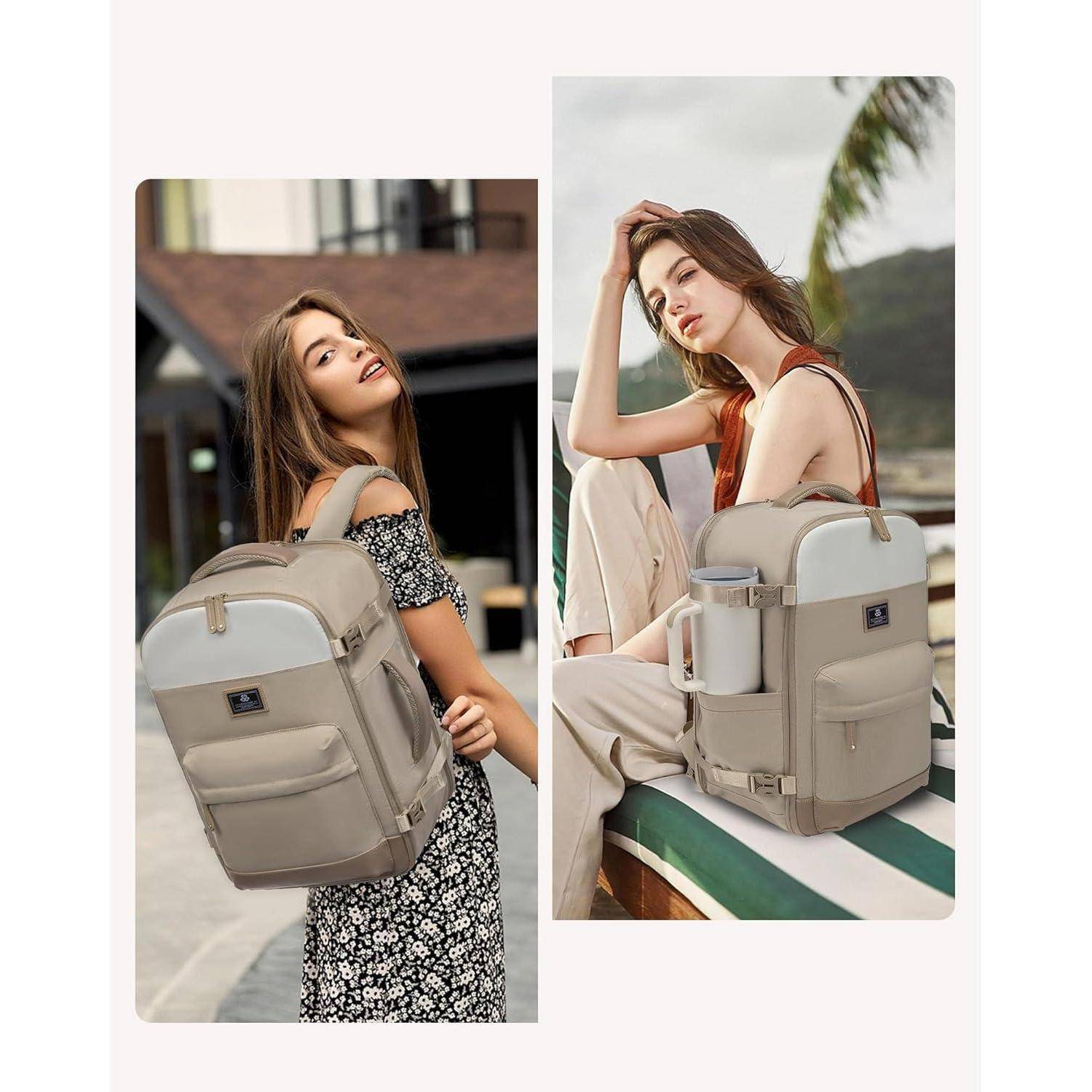 Rucksack Handgepäck Flugzeug Damen Groß 50L 17,3 Zoll Laptop Beige