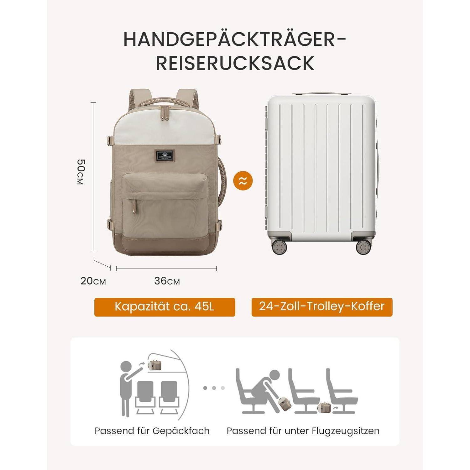 Rucksack Handgepäck Flugzeug Damen Groß 50L 17,3 Zoll Laptop Beige
