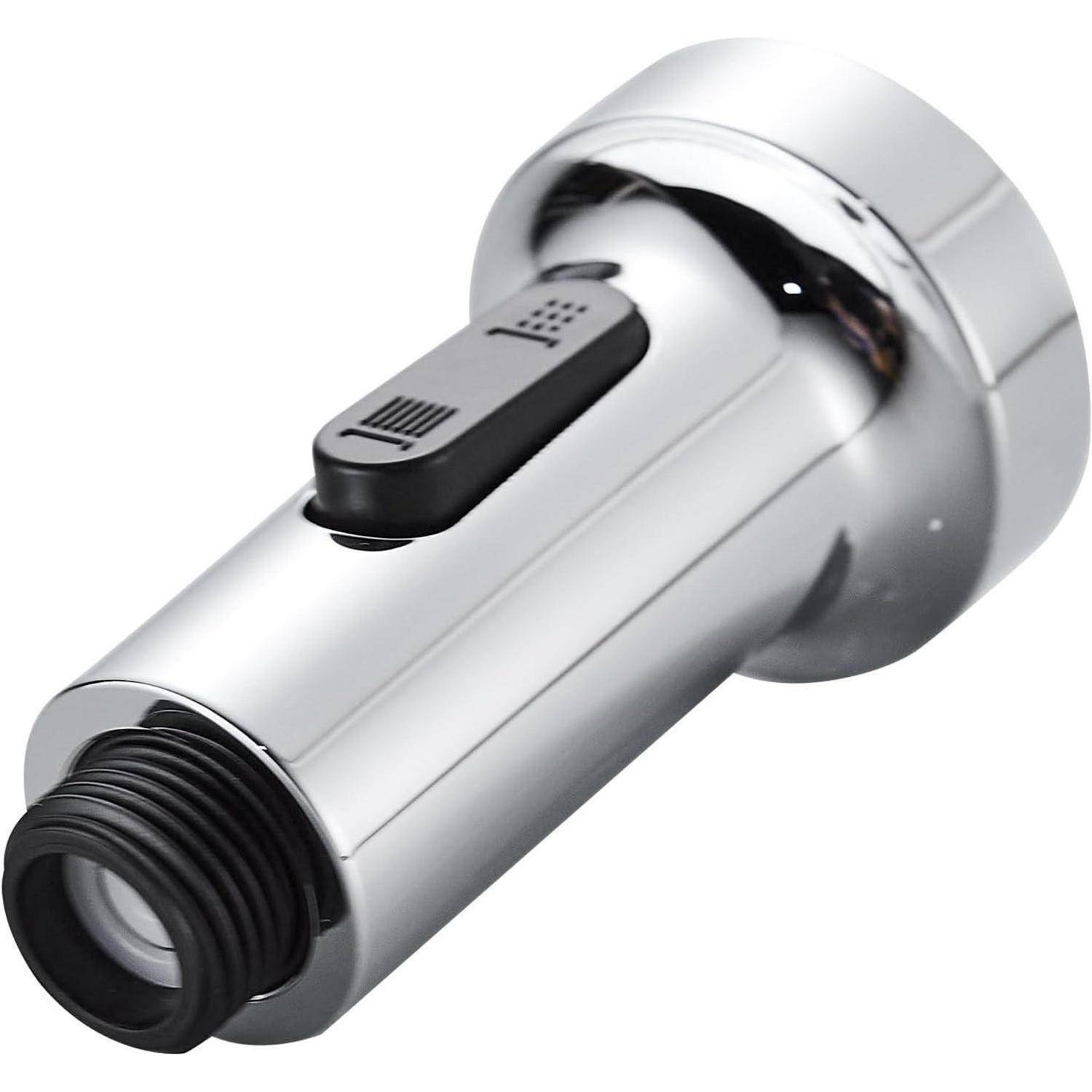 Ein Chrom-Wasserhahn mit einem schwarzen Hebelschalter, entwickelt zur Wasserstrahlregulierung.