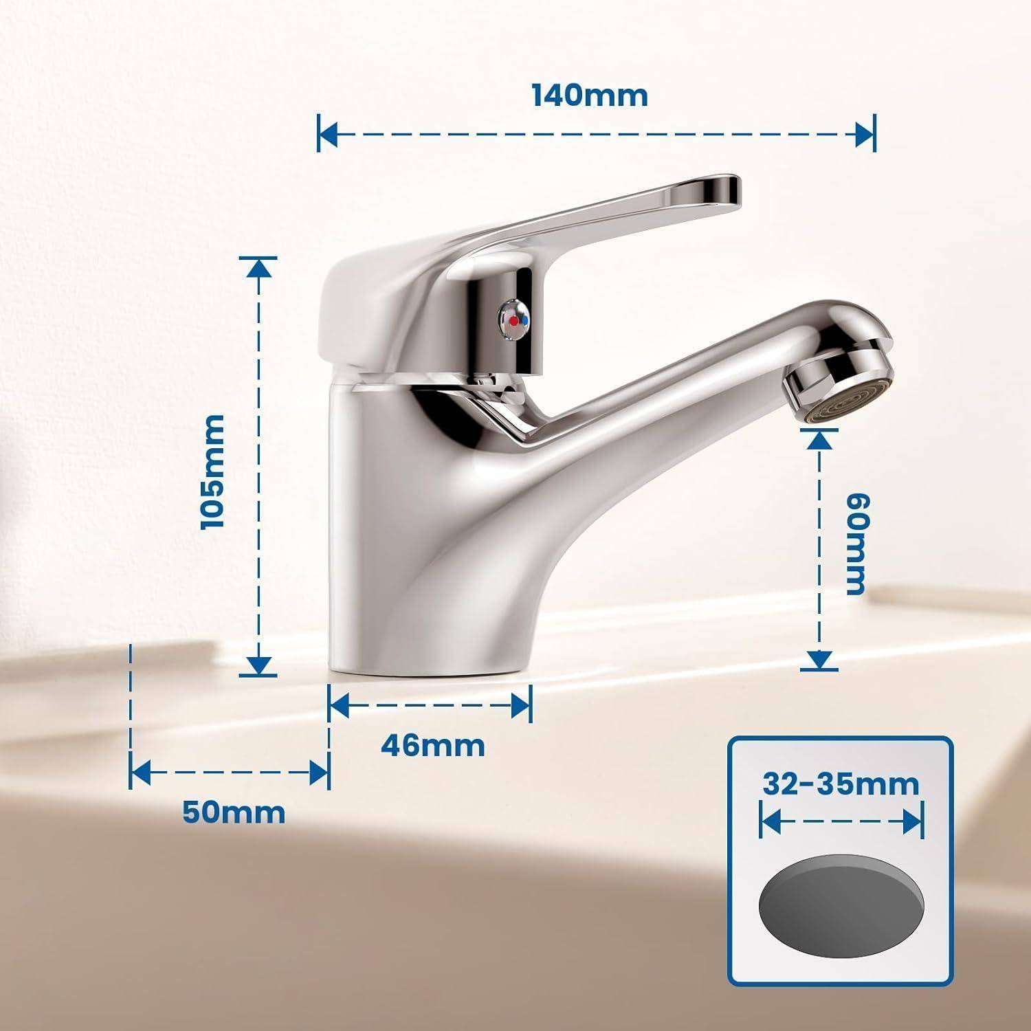 Ein Chrom-Badezimmer-Wasserhahn mit einem Einhebelgriff ist abgebildet. Die Abmessungen betragen Höhe 105 mm, Tiefe 140 mm, Breite 46 mm.