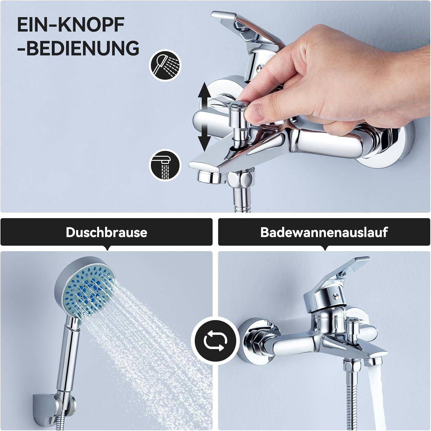 Eine Hand bedient eine Einhebel-Armatursteuerung beim Umschalten zwischen ‚Duschbrause' und ‚Badewannenauslauf'.