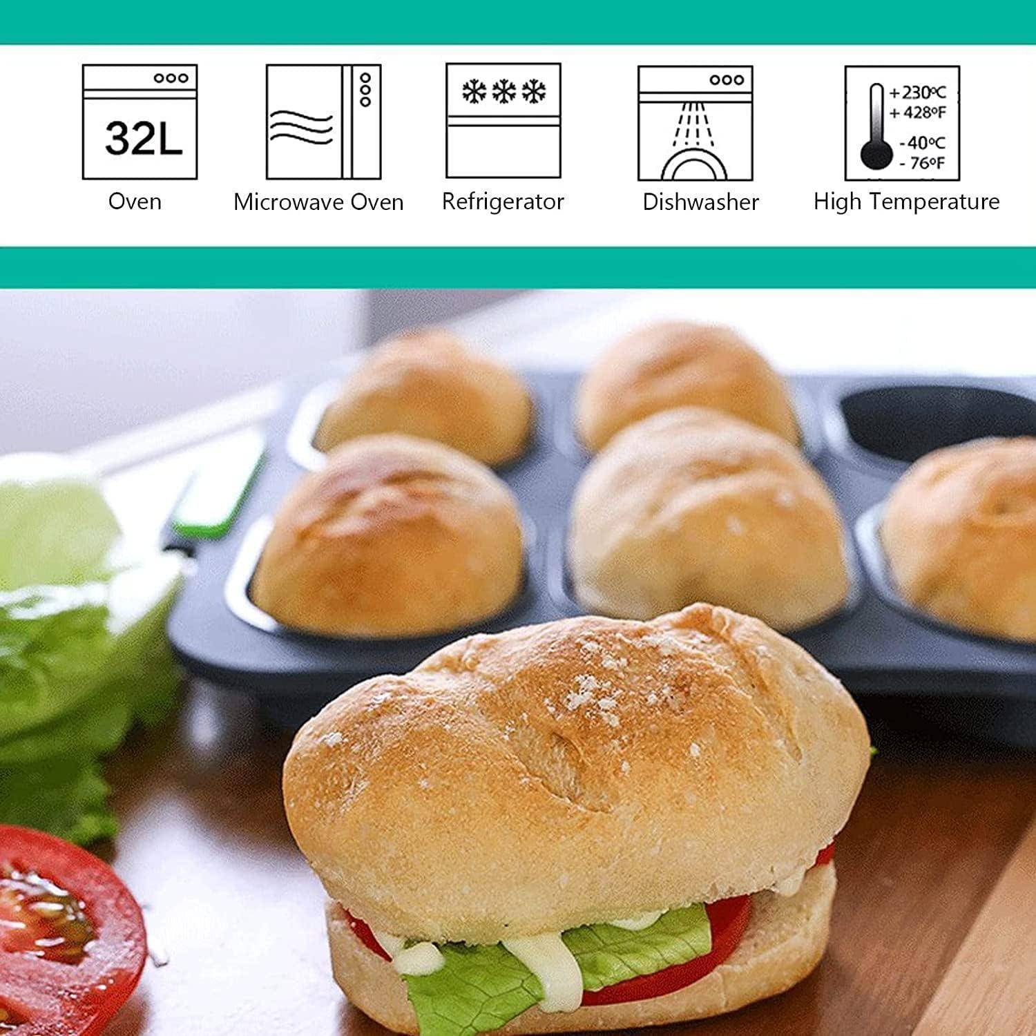 Ein Sandwich mit Salat und Tomate liegt vor frisch gebackenem Brot auf einem Backblech. Icons darüber deuten die vielseitigen Einsatzmöglichkeiten des Geräts an.