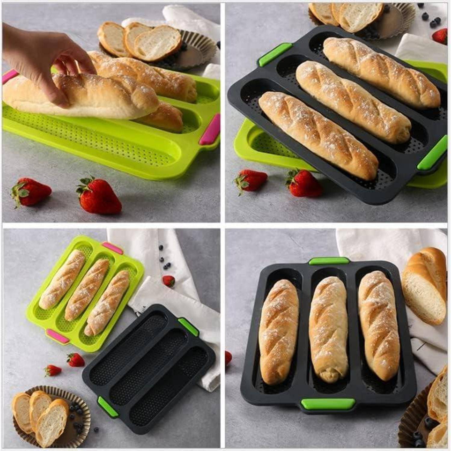 Baguettes in Backblechen, umgeben von Brotscheiben und Erdbeeren. Eine Hand, die Brot in ein grünes Tablett legt, kontrastiert mit einem schwarzen Tablett.
