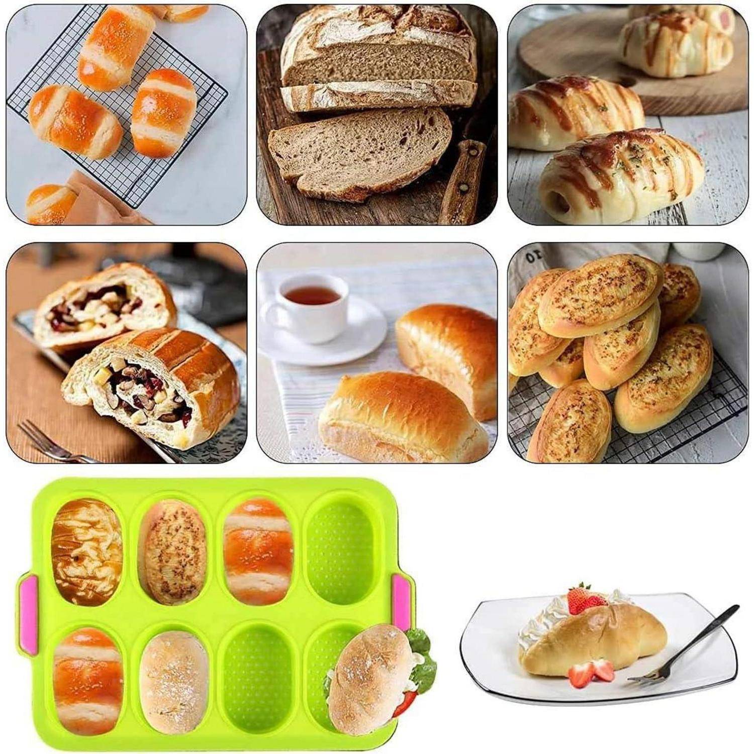 Verschiedene Backwaren: Croissants, geschnittenes Brot, gefüllte Gebäckstücke mit Nüssen und Beeren, kräuterbestreute Brötchen und ein Dessert auf einem Teller.