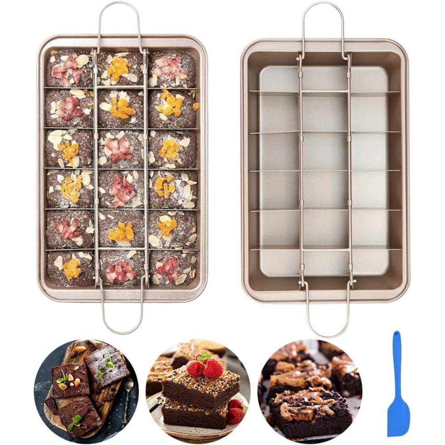 Brownies-Backset mit Teiler in einer Pfanne, dargestellt mit garnierten Brownies und leer. Enthält Bilder von geschnittenen Brownies und einem Pfannenwender.
