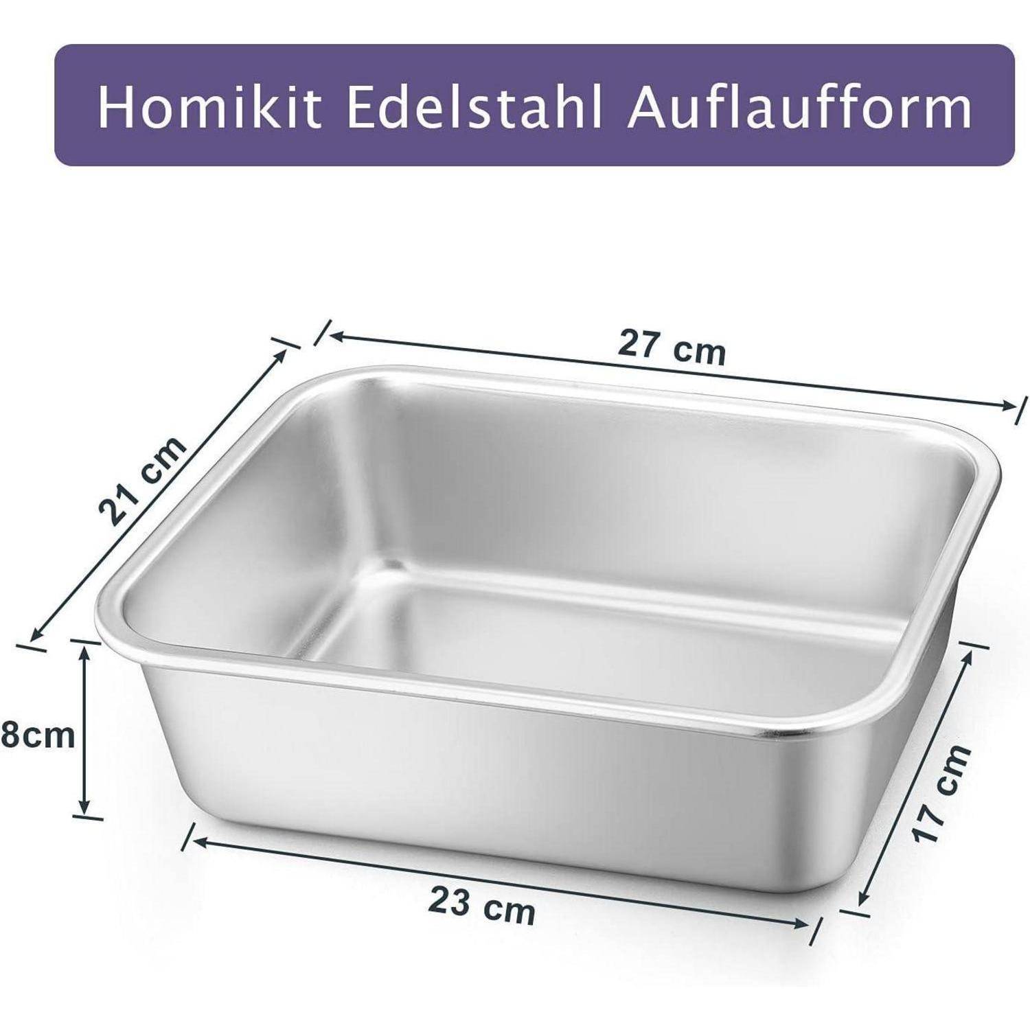 Auflaufform mit Abmessungen: 27 cm Länge, 21 cm Breite, 8 cm Höhe und 23 cm Basislänge, 17 cm Basisbreite.
