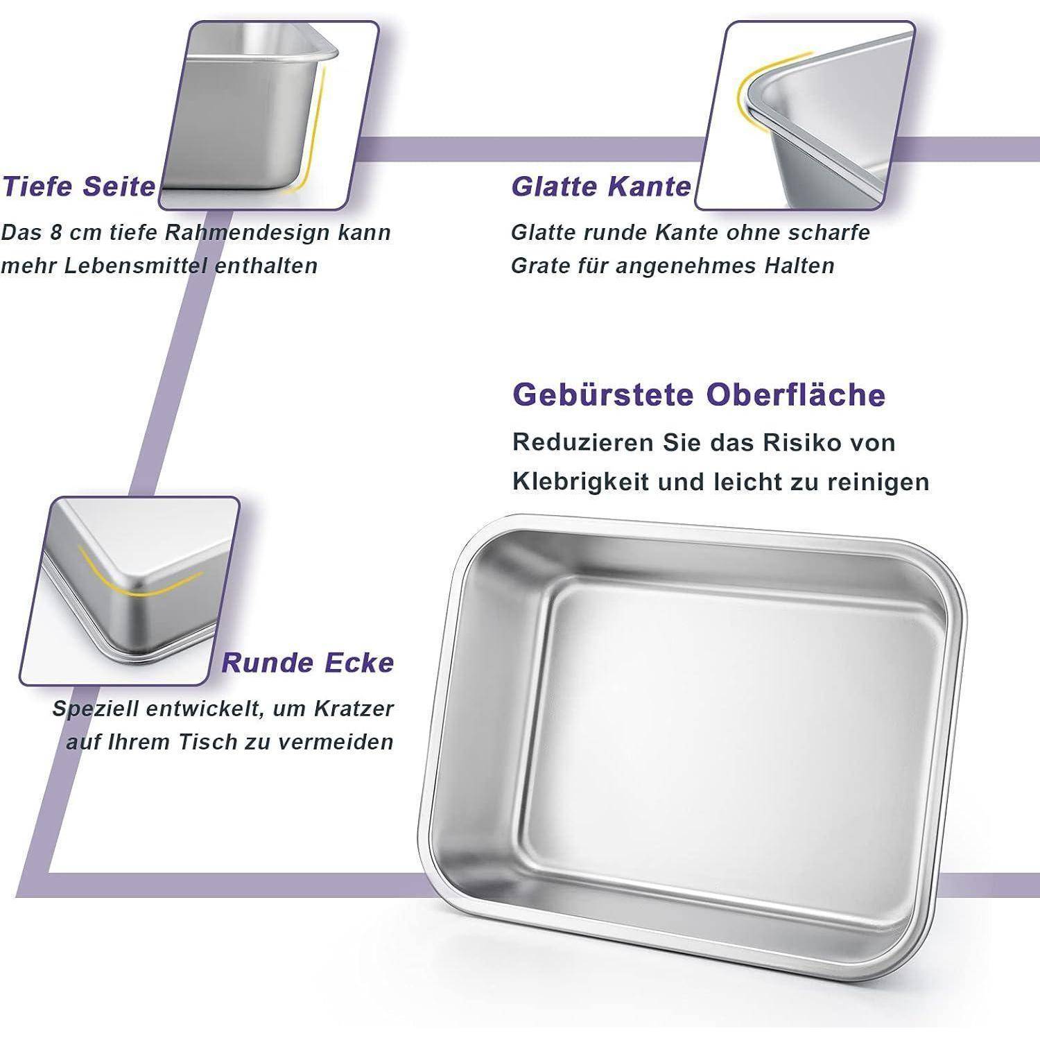 Deep Side: Die 8 cm tiefe Kante hilft, Lebensmittelüberlauf zu verhindern. Glatte Kante: Glatte, runde Kante verhindert scharfe Grate für mehr Komfort. Gebürstete Oberfläche: Reduziert Anhaftungen und erleichtert die Reinigung. Abgerundete Ecken: Speziell entwickelt, um Ihren Tisch vor Kratzern zu schützen.