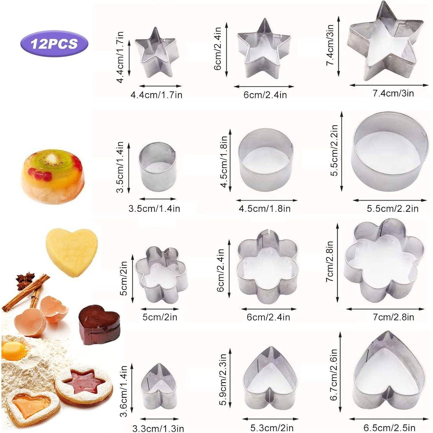12-teiliges Ausstechformen-Set' mit verschiedenen Formen: Stern, Herz, Kreis, Blume. Größen reichen von 3,5 cm/1,4 Zoll bis 7 cm/2,8 Zoll. Ideal zum Backen.