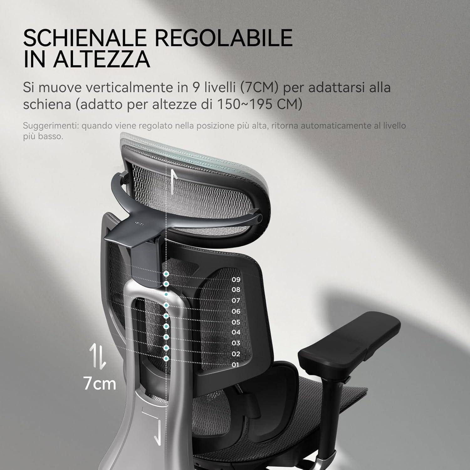 Ergonomischer Bürostuhl mit verstellbarer Höhe, zeigt eine Funktion zur Anpassung der Rückenlehne in 9 Stufen für Benutzer mit einer Körpergröße von 150-195 cm.