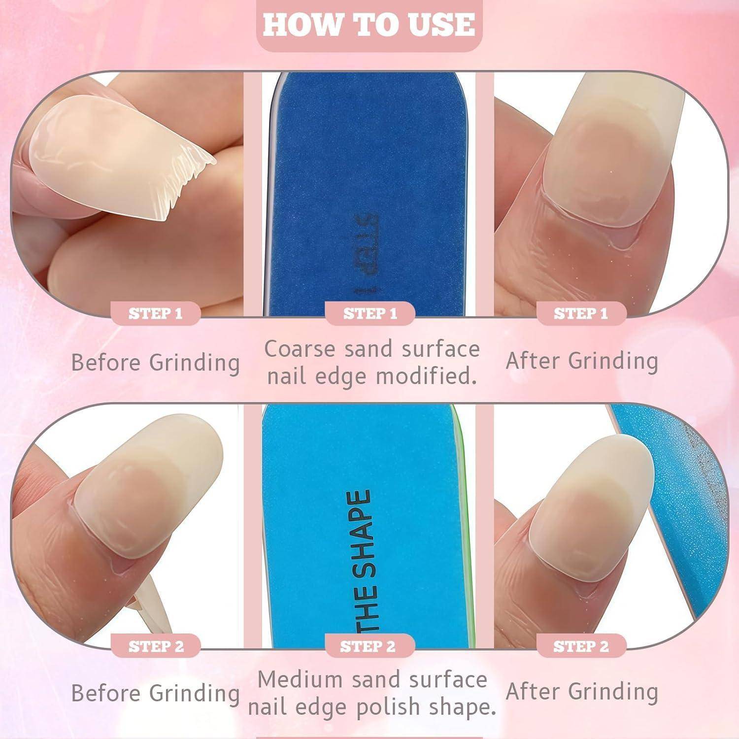 Anleitung zum Nagelformen: Schritt 1 - Grobe Feile zur Kantenbearbeitung verwenden. Schritt 2 - Mittlere Feile zum Polieren der Form. Bilder zeigen jeden Schritt.