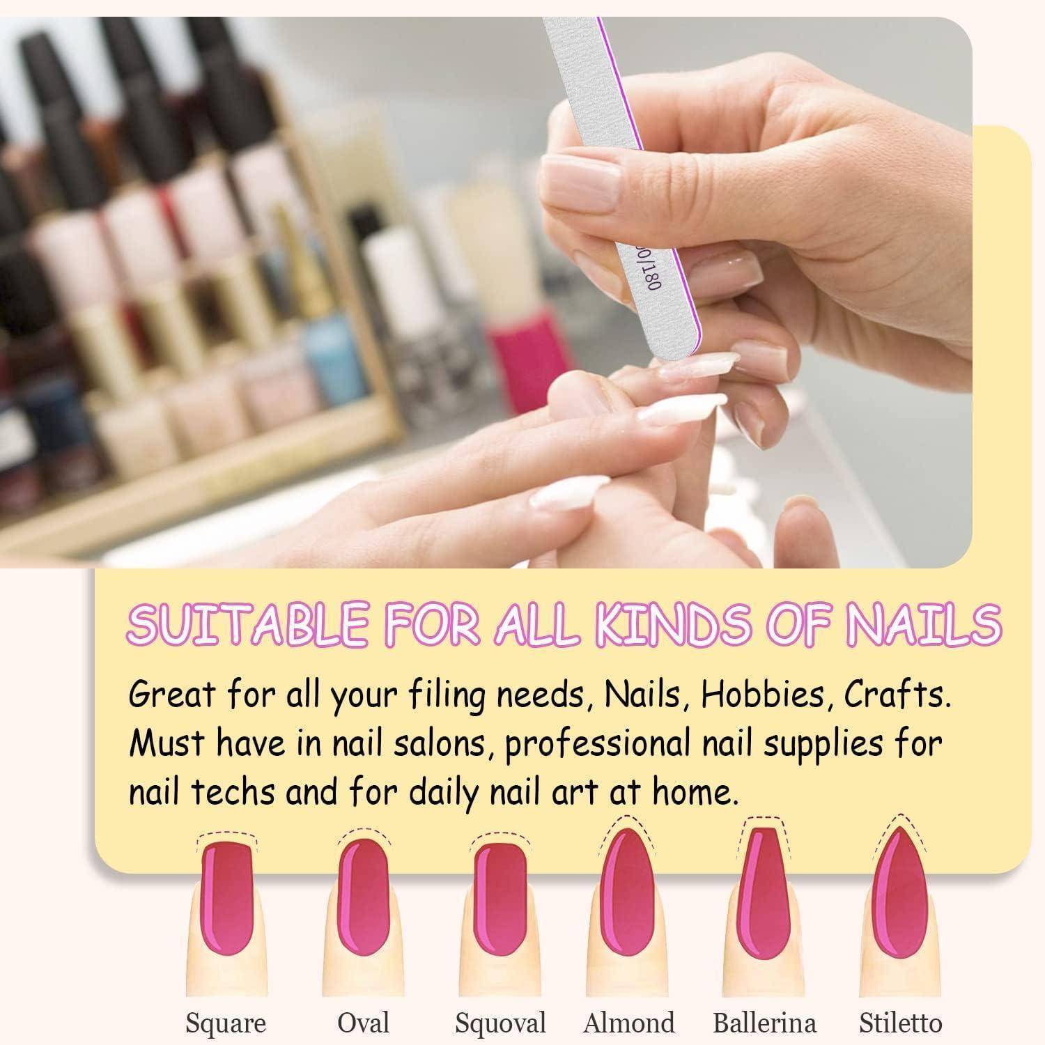 Eine Person feilt die Nägel einer anderen; Nagelformen sind unten beschriftet. Text: 'Geeignet für alle Nagelarten. Ideal für Salons, Nageldesigner und Hobby-Anwender.