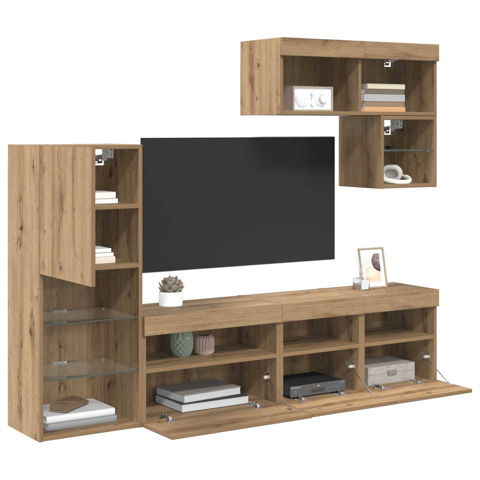 Ein Holz-Wohnzimmerschrank präsentiert einen großen zentralen Fernseher, Regale mit Büchern, Dekorationsstücken und Stauraum in einem modernen Design.
