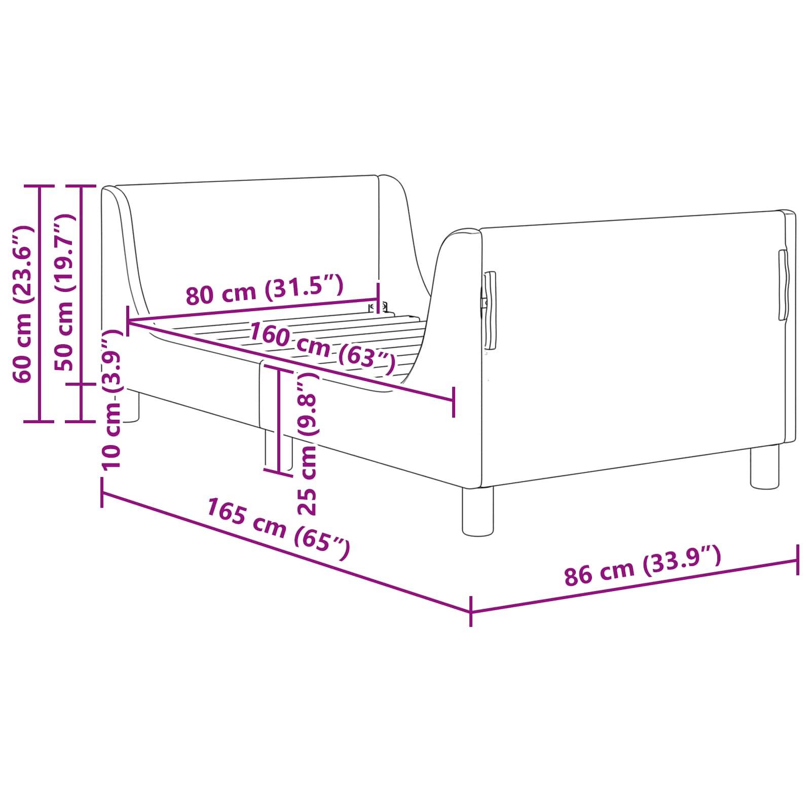 Linienzeichnung eines Bettes mit Maßen: Breite 86 cm (33,9"), Länge 165 cm (65""), Höhe 60 cm (23,6""). Mattengröße 80 cm (31,5"") x 160 cm (63"").