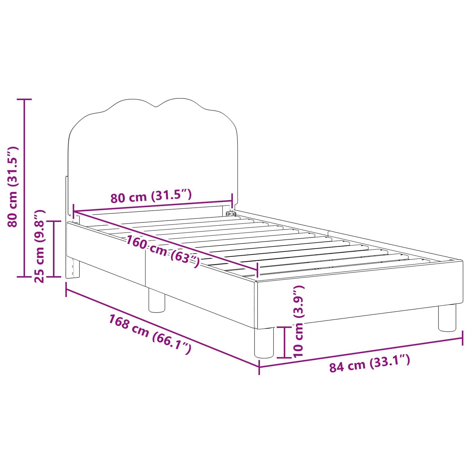Linienzeichnung eines Bettgestells mit Abmessungen: Länge 160 cm (63