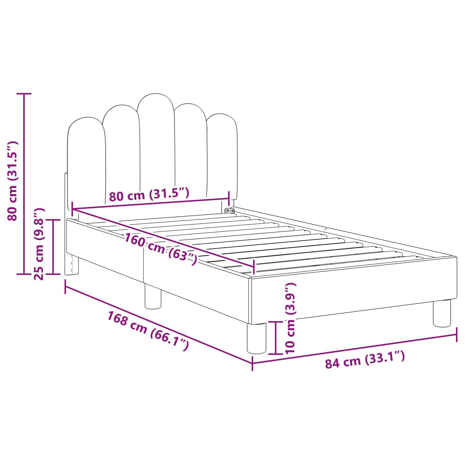 Technische Zeichnung eines Bettes mit beschrifteten Abmessungen: Breite 84 cm (33,1
