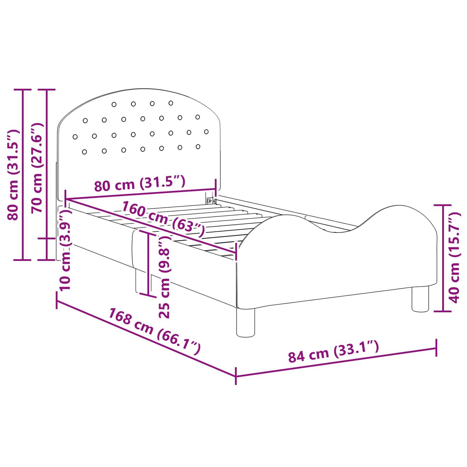 Diagramm eines Kinderbetts mit Maßen: Höhe des Kopfendes 80 cm, Bettbreite 80 cm, Länge 168 cm, Höhe 40 cm und Höhe der Latten 25 cm.